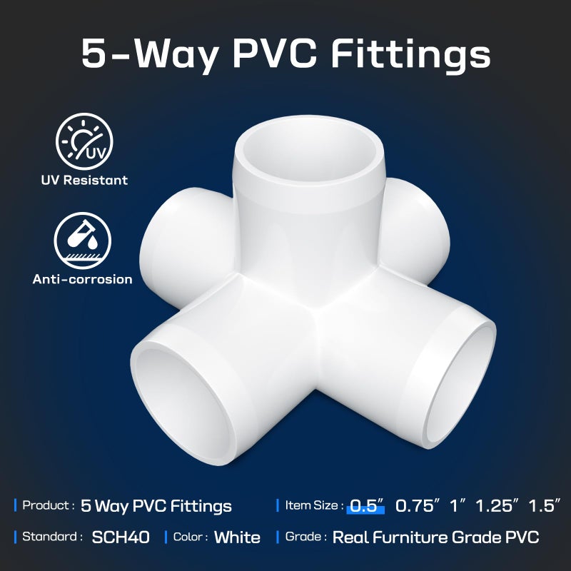 letsFix 1/2" PVC Fittings 5 Way (10-Pack) Furniture Grade, Elbow Connector, Heavy Duty for DIY Furniture, Frames, UV Resistant - Compatible with 1/2" Schedule 40 PVC Pipesâ€Œ - Image 2